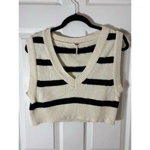 Free People Sweater Vest Womens Medium White Black Striped V Neck Cropped Knit